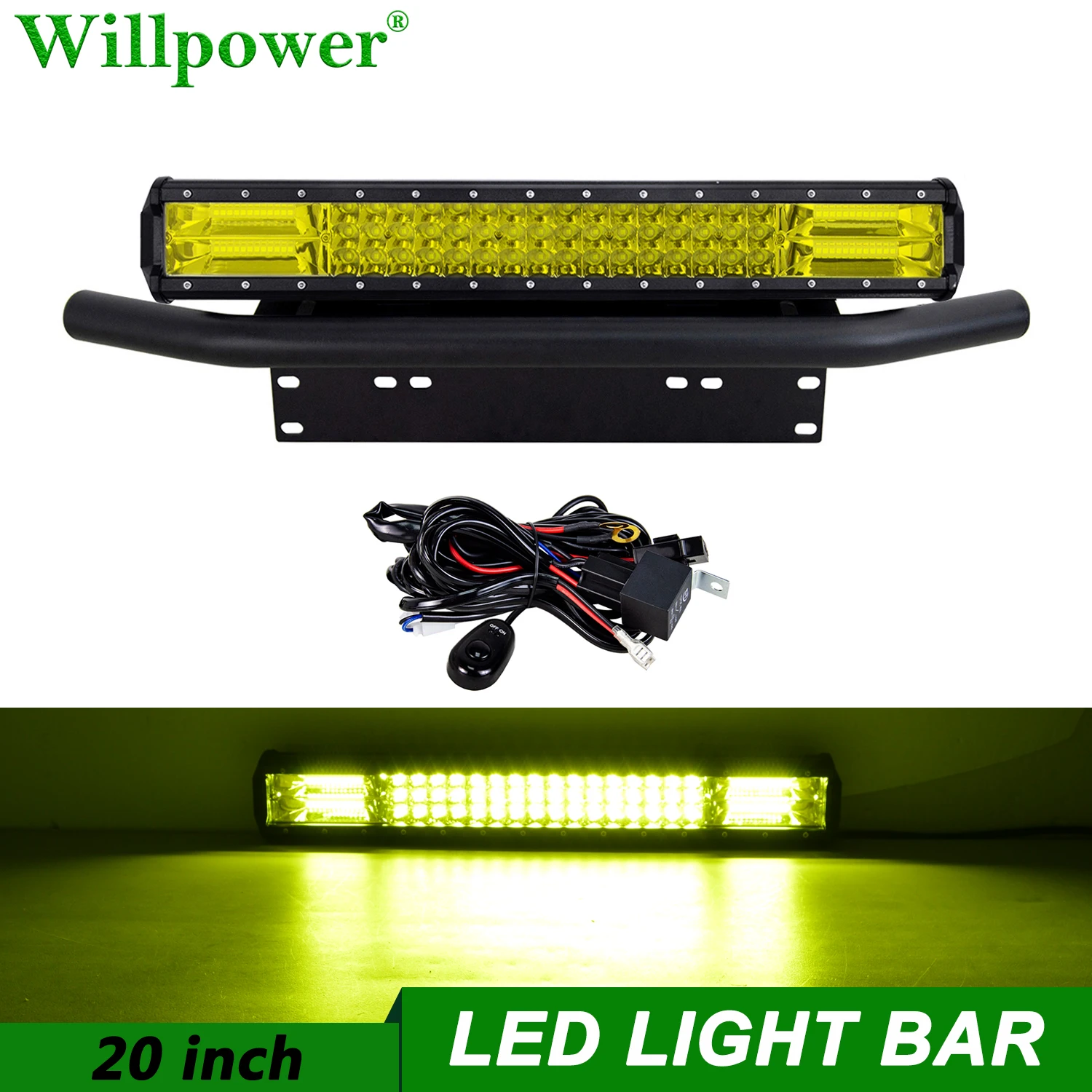 Offroad Car License Plate Holder + 288W 20 inch Yellow LED Light Bar For Jeep 4x4 Truck 4WD SUV Fog Light Bar Mounting Brackets