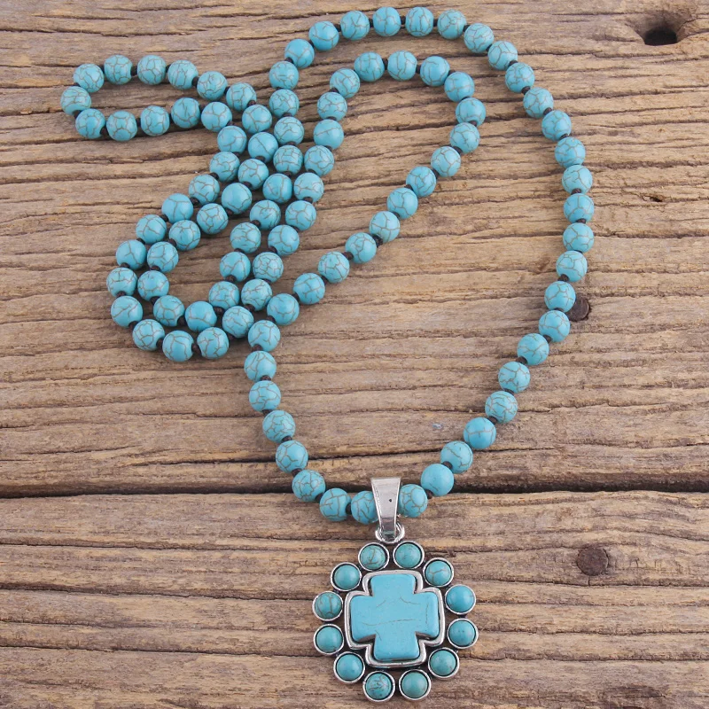 Fashion Bohemian Jewelry Accessory 8mm Stones Knotted With Stone Cross Pendant Necklaces For Women Boho Gift