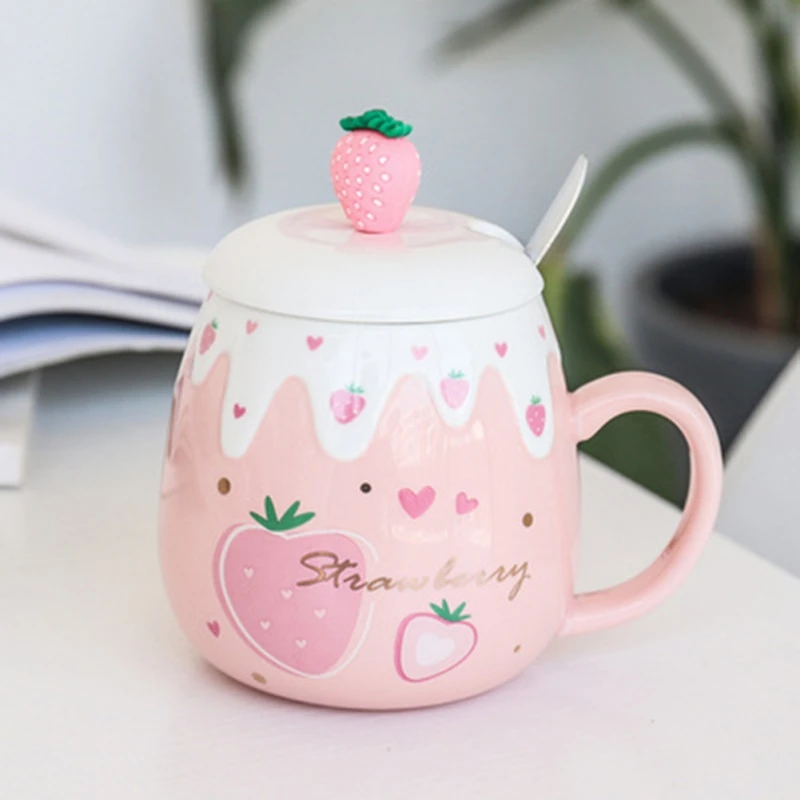 Cute Strawberry Ceramic Mug with Lid And Spoon High Temperature Ceramic Water Bottle Milk Water Tea Cup Students Girl Gift