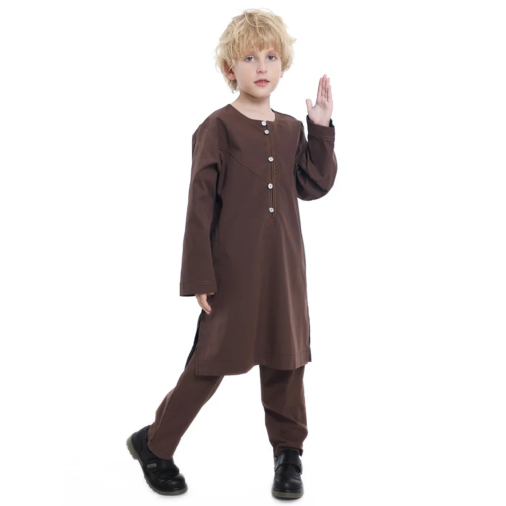 Dubai Abaya Suit Jubba Thobe For Children Arabia Muslim Prayer Baby Big Boy Qatar Pakistan Shirts and Trousers 2 Pieces Suits