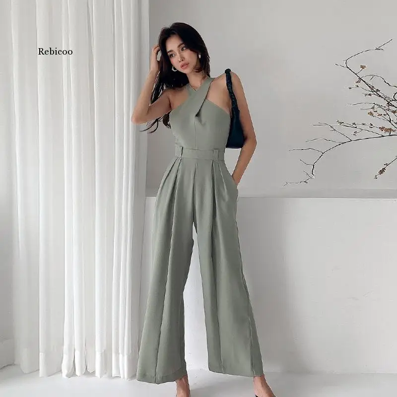 Jumpsuit Wanita Baru Romper Tanpa Punggung Seksi Jumpsuit Wanita Kantor Kaki Lebar Solid