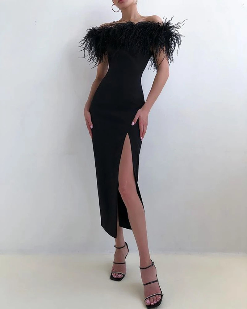 LORIE Gerade Vier-weg Stretch Tee-Länge Abendkleider 2021 Prom Kleid Mit Feder Seite Slit Vestidos De fiesta Party Kleider