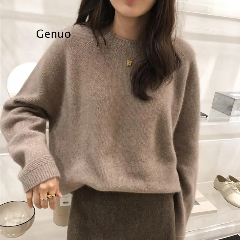 Autumn Winter Women's Sweaters Pullovers Warm Minimalist Korean Oversize Pink Solid Lady Jumpers