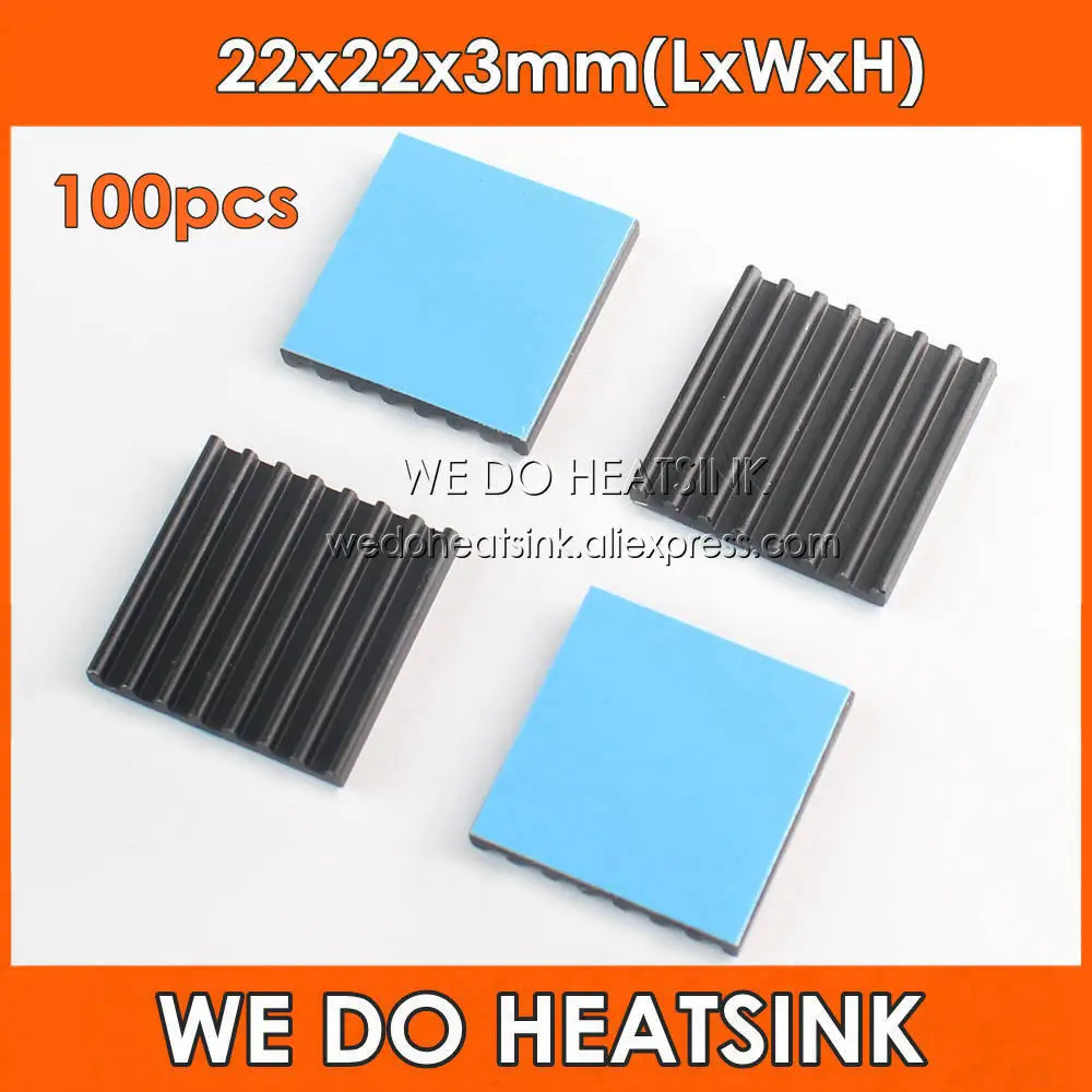 

WE DO HEATSINK 100pcs 22x22x3mm Black Anodized Aluminum CPU Chip Heatsink With Thermal Conductive Adhesive Transfer Tape Applied