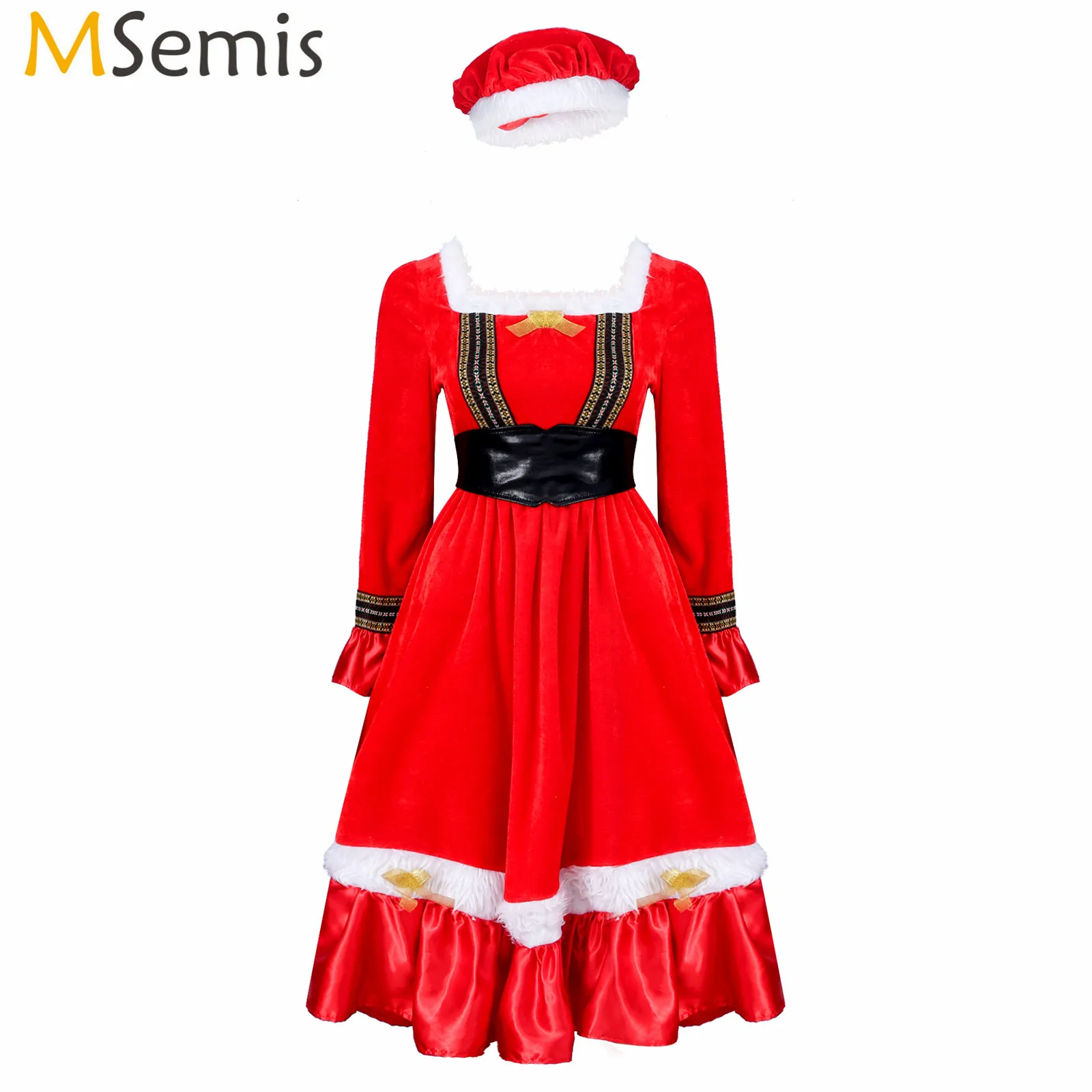 

Women Christmas Dress Mrs. Claus Santa Costume Cosplay Stage Performance Costume Bowknot Decor Ruffle Hem Velvet Dress +Belt Hat