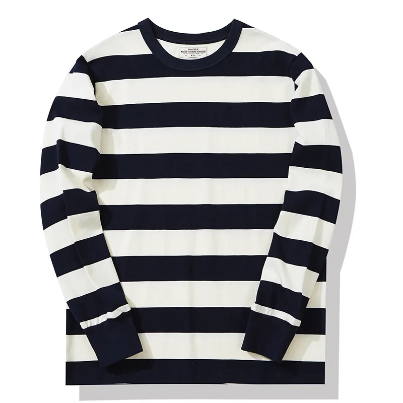 Retro Heavy Long Sleeve T Shirt Men Cotton Thick Striped Round Neck Black White Base Shirt Autumn Casual Tops Pullover Oversize