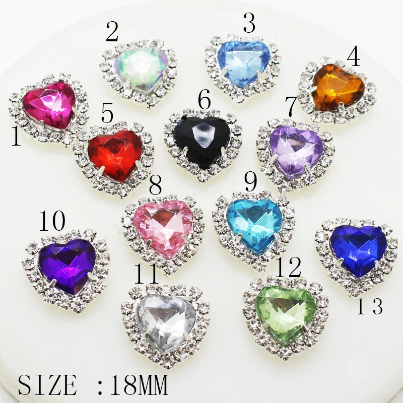 Hot Sale 10pcs / multi Peach Heart Rhinestone Button Clip Acrylic Multicolor Decorative Clothing Sewing Accessories Flat Bottom