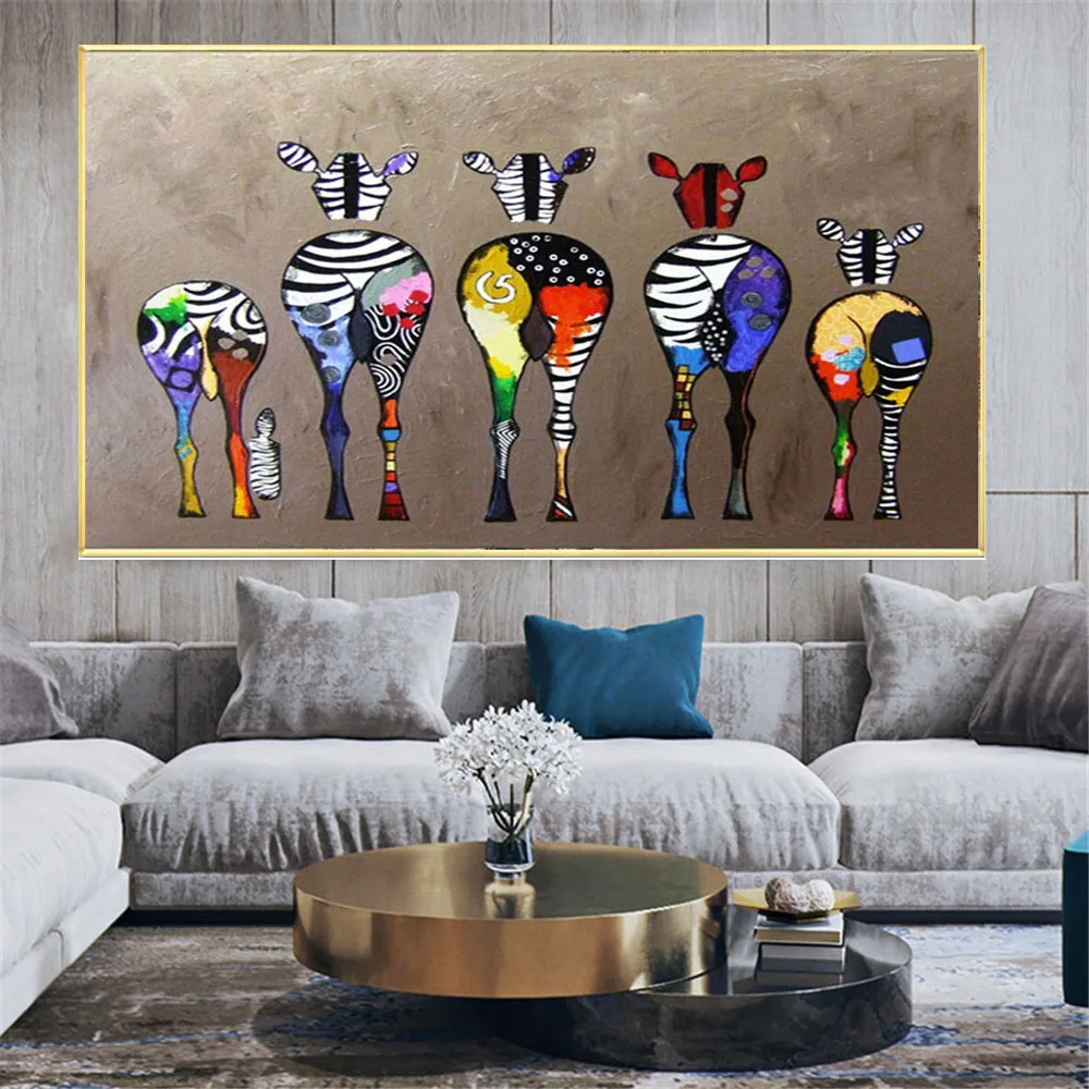 

Cartoon Picture Children's Room Decor Painting 100% Hand-Painted Oil Paintings Animal Zebra Texture Canvas Mural Line Wall Art