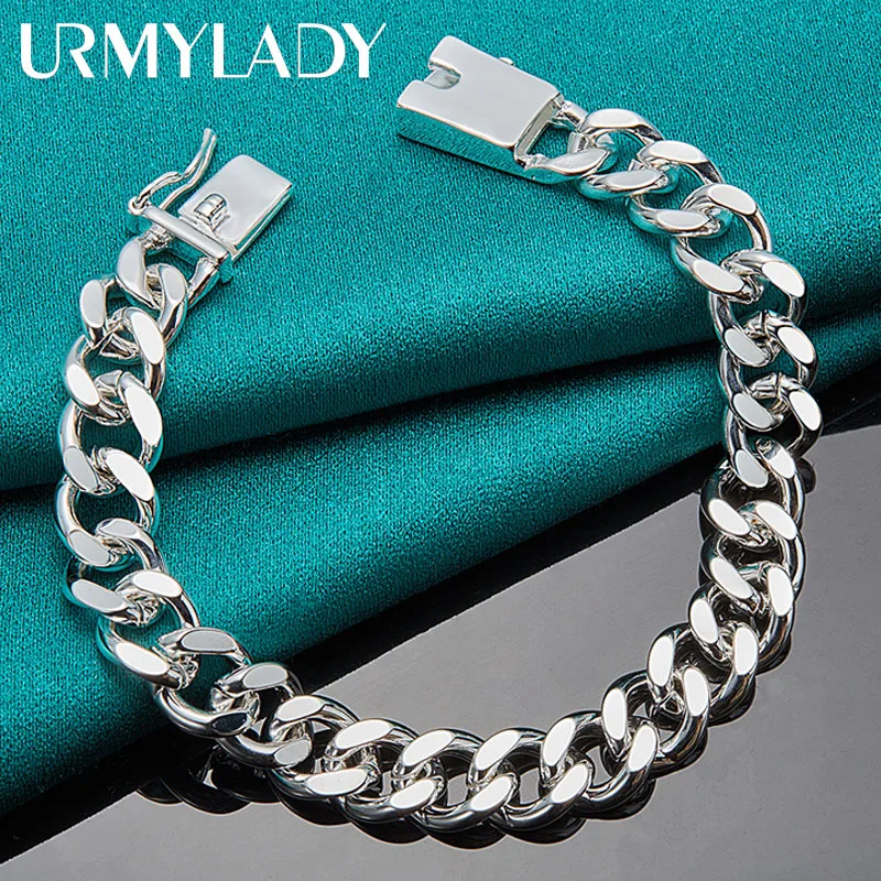 URMYLADY 925 Sterling Silver 10mm Sideways Chain Square Buckle Bracelet Wedding Engagement Party For Man Women Fashion Jewelry