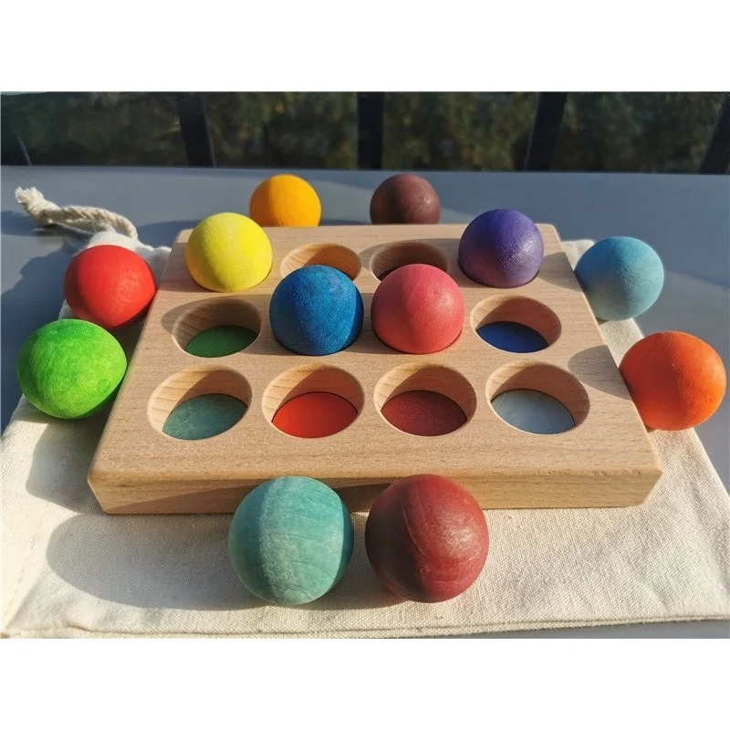 Kids Wooden Toys Color Sorting Wood Balls Rainbow & Pastel Sphere with Tray Unpaint Cup Montessori Peg Dolls and Rings