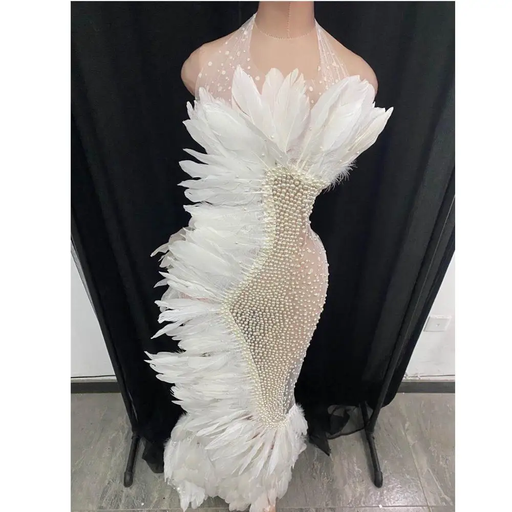 Elegant White Feather Mesh See Through Wedding Party Long Dress Women Sexy Prom Halter Rhinestone Dress Singer Stage Clothes