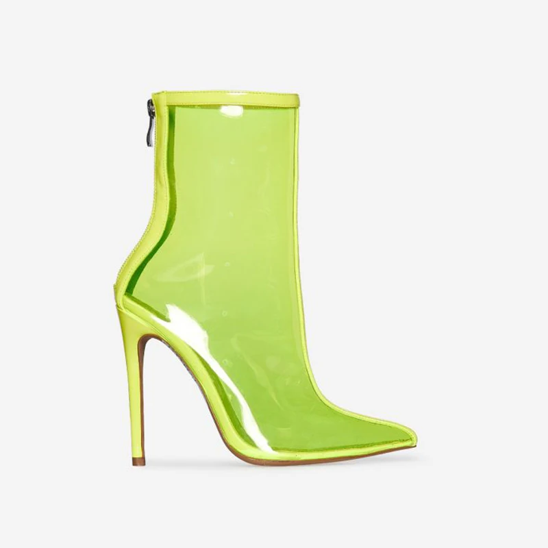 Spring Neon PVC transparent Boots Women Colorful Pointed Toe Zip High Heels Abkle Boots Fashion Sexy Ladies Shoes Botas Mujer