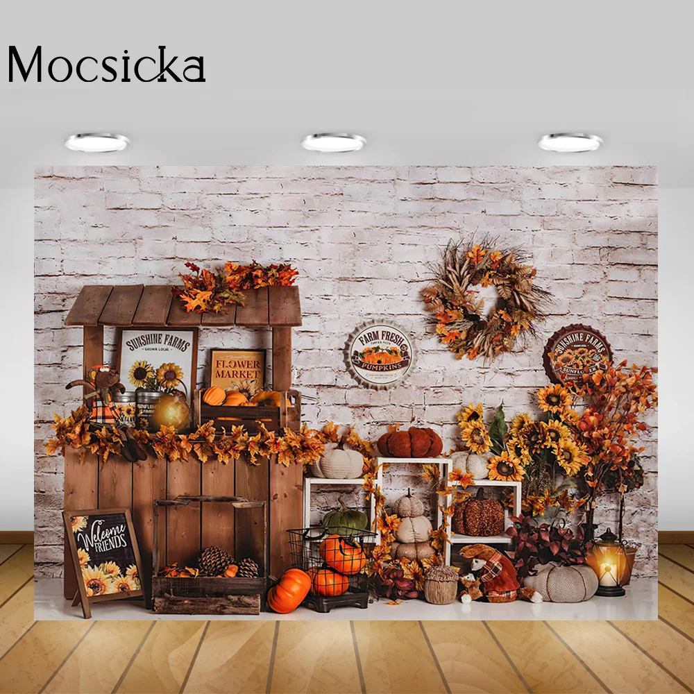 Pumpkin Farm Fresh Market Backdrop Photocall Autumn Sunflowers Birthday Portrait Photo Background Retro Brick Wall Photography