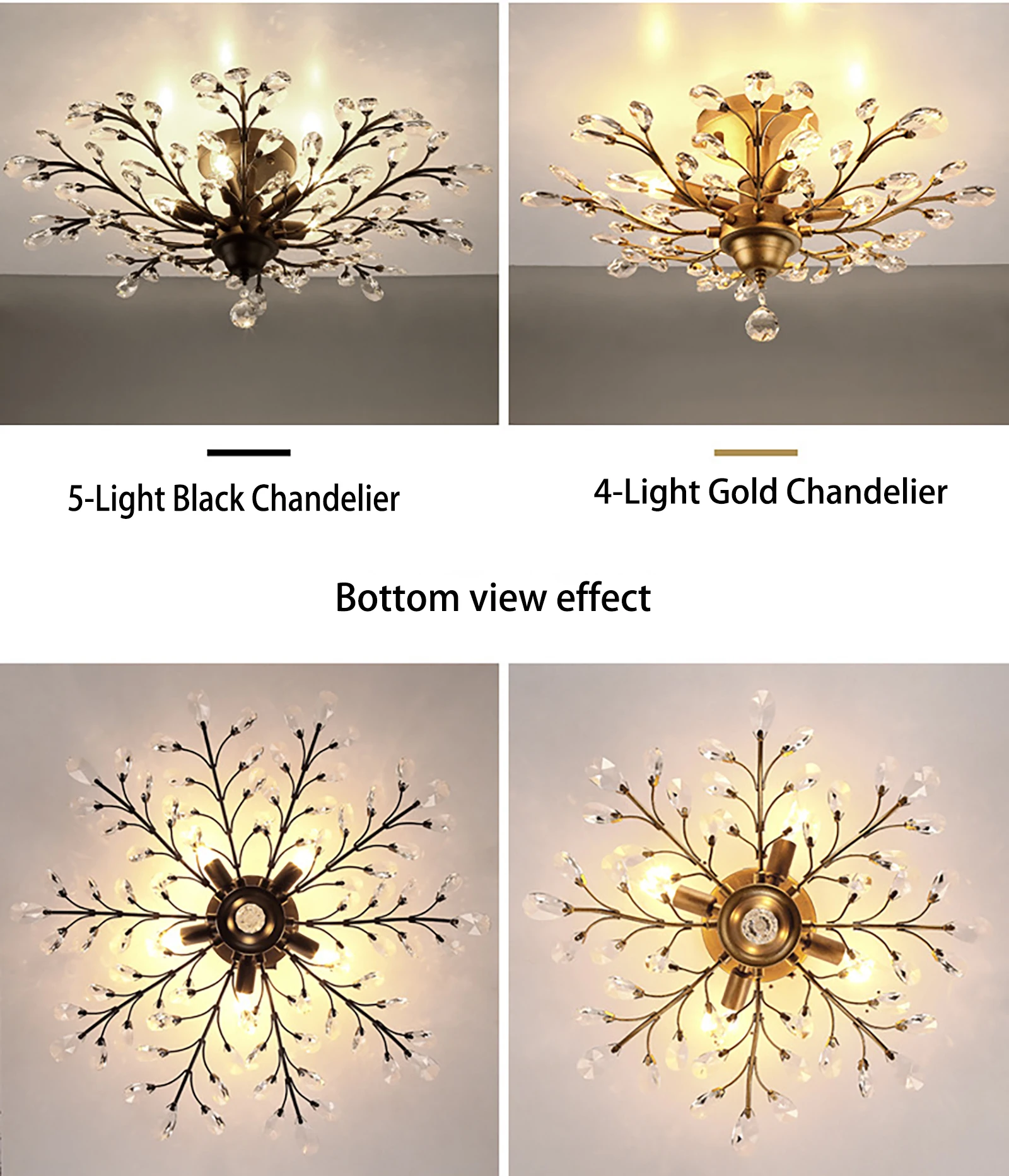 Vintage Crystal Black Chandeliers Light  K9 Clear LED Edison Lighting Flush Mounted for Living Room farmhouse Flower Chandeliers