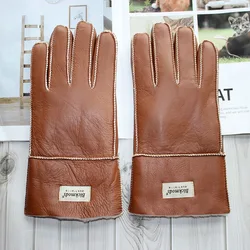 Gants chauds d'hiver en fourrure de mouton pour hommes, coupe-vent et résistant au froid, pour l'équitation en plein air, en cuir de mouton