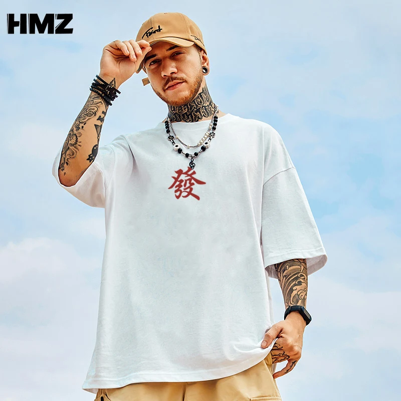 HMZ T Shirt Mens Hip Hop Chinese Characters Tshirt Streetwear Summer Cotton Harajuku T-Shirts Short Sleeve Tops Tees Street Wear