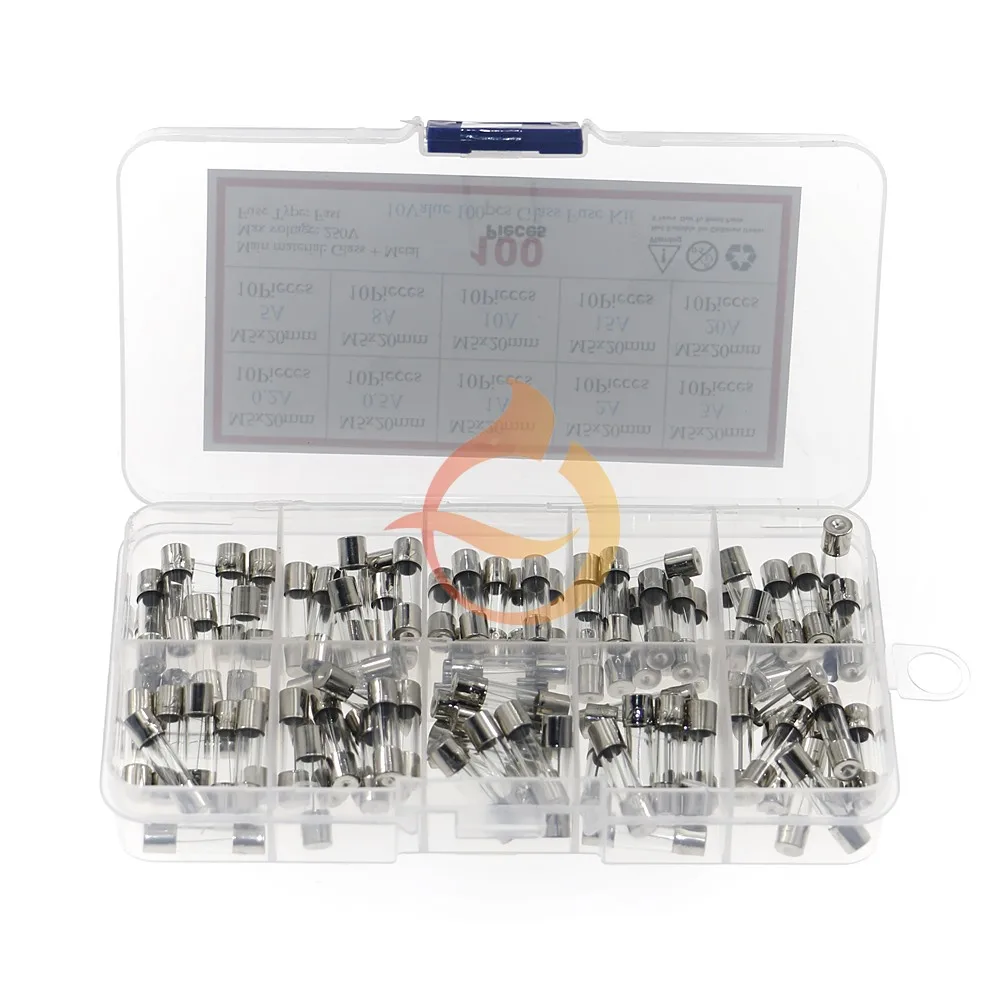 100Pcs 5x20mm 0.2A-20A Quick Blow Glass Tube Fuse Assorted Kit Fast-blow Glass Fuses