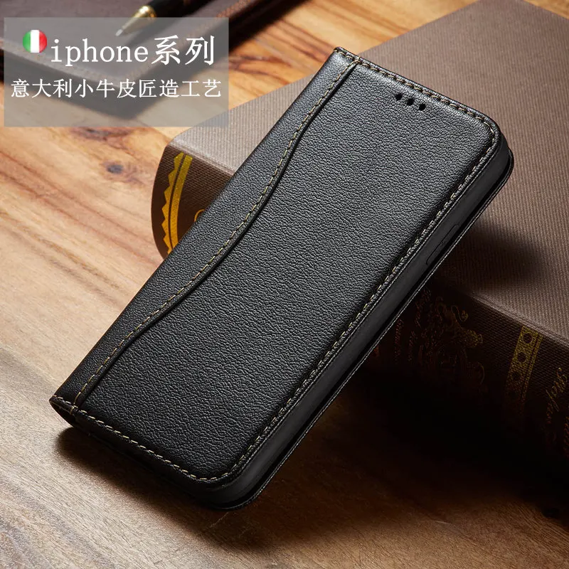 100% Real Genuine Leather Flip Cover Phone Case For iPhone 11 12 13 Pro Max Mini iPhone13 Magnetic Wallet Card Pocket Kickstand