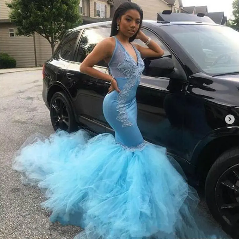 New Sexy Mermaid Prom Dresses Long Illusion V Neck Arabic Formal Blue Lace Applique Party Gowns Sweep train Evening Dresses W023