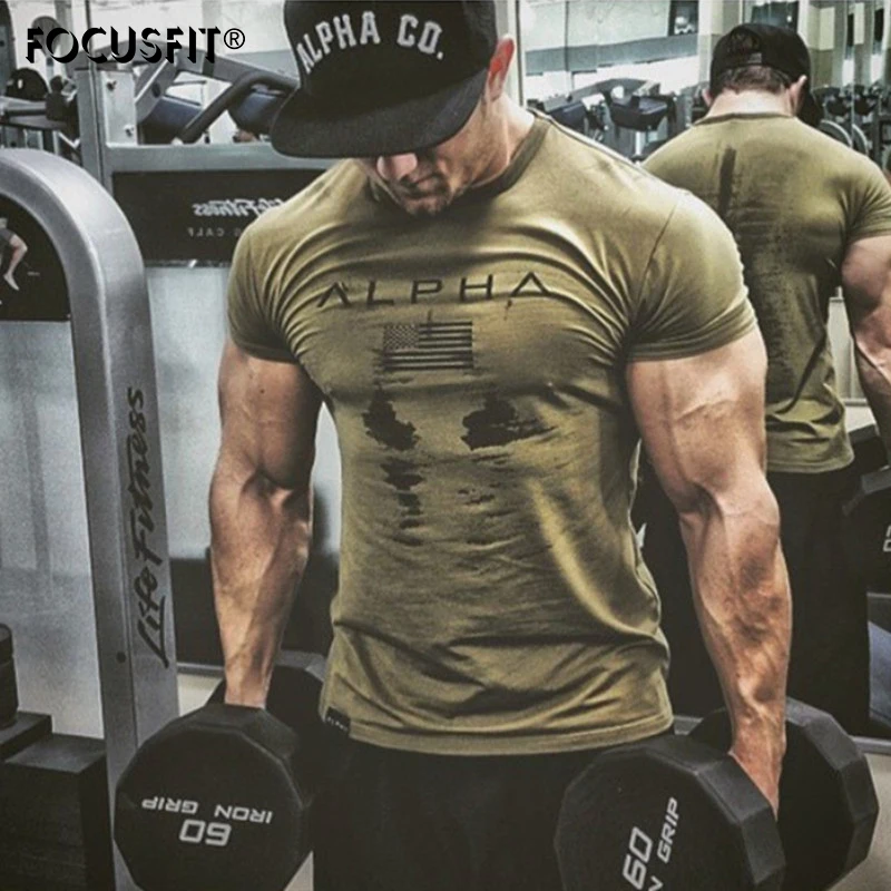 FOCUSFIT Spring and Summer Pure Color Printing Sports Fitness Short-sleeved T-shirt Men's O Neck Stretch Training Exercise 3XL