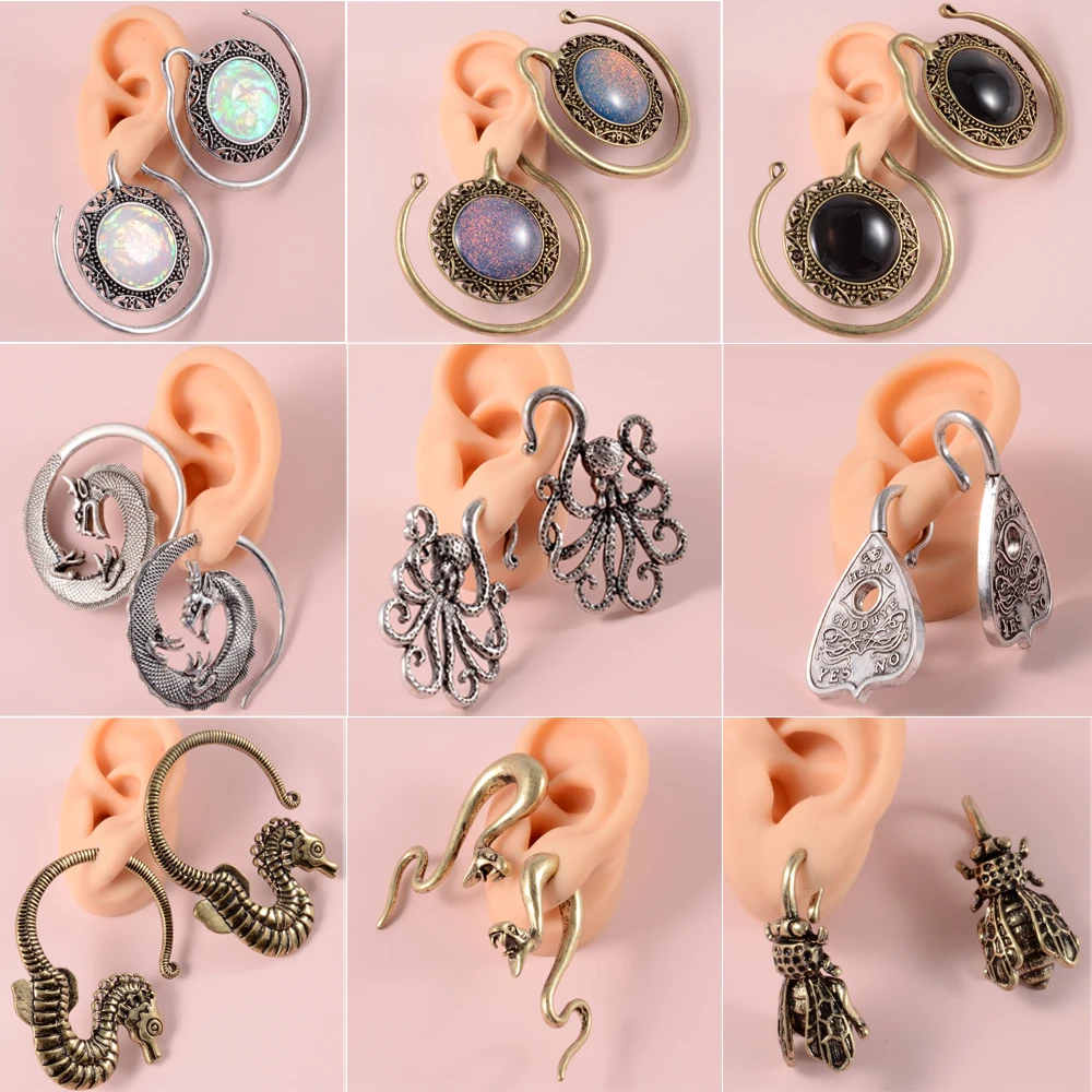 PAIR Solid Brass Puj Ju Ear Hoops Aether Ornate Ear Plugs With Stone High Quality Ear Weights Earring Ear Gauge Expander Jewelry