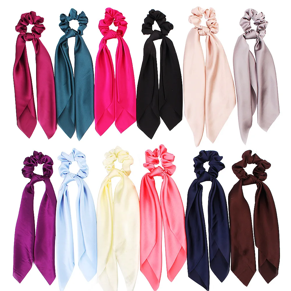 2022 New Fashion Bow Satin Girls Elastic Hair Bands Long Ribbon  Ponytail Scarf Hair Tie Women Scrunchies Hair Accessories