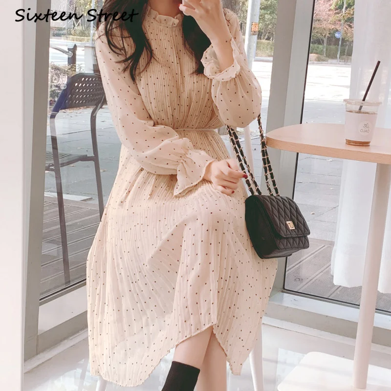 Vestido De Mujer Spring Autumn Retro Polka Simple Style Dress Pleated Chiffon Base Female 2021 Dresses for Women Y2k Aesthetic