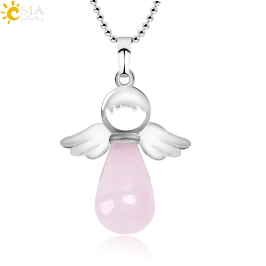 CSJA Angel Natural Stone Necklaces Pink Quartz Lapis Lazuli Necklace Angels Pendants for Women Purple Female Jewelry E947