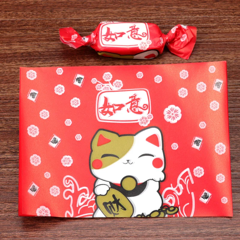 500pcs/lot Congratulations Lucky Cat Festive Cherry Blossoms Flying Baby Shower Candy Twisting Wax Paper Nougat Wrapping Paper