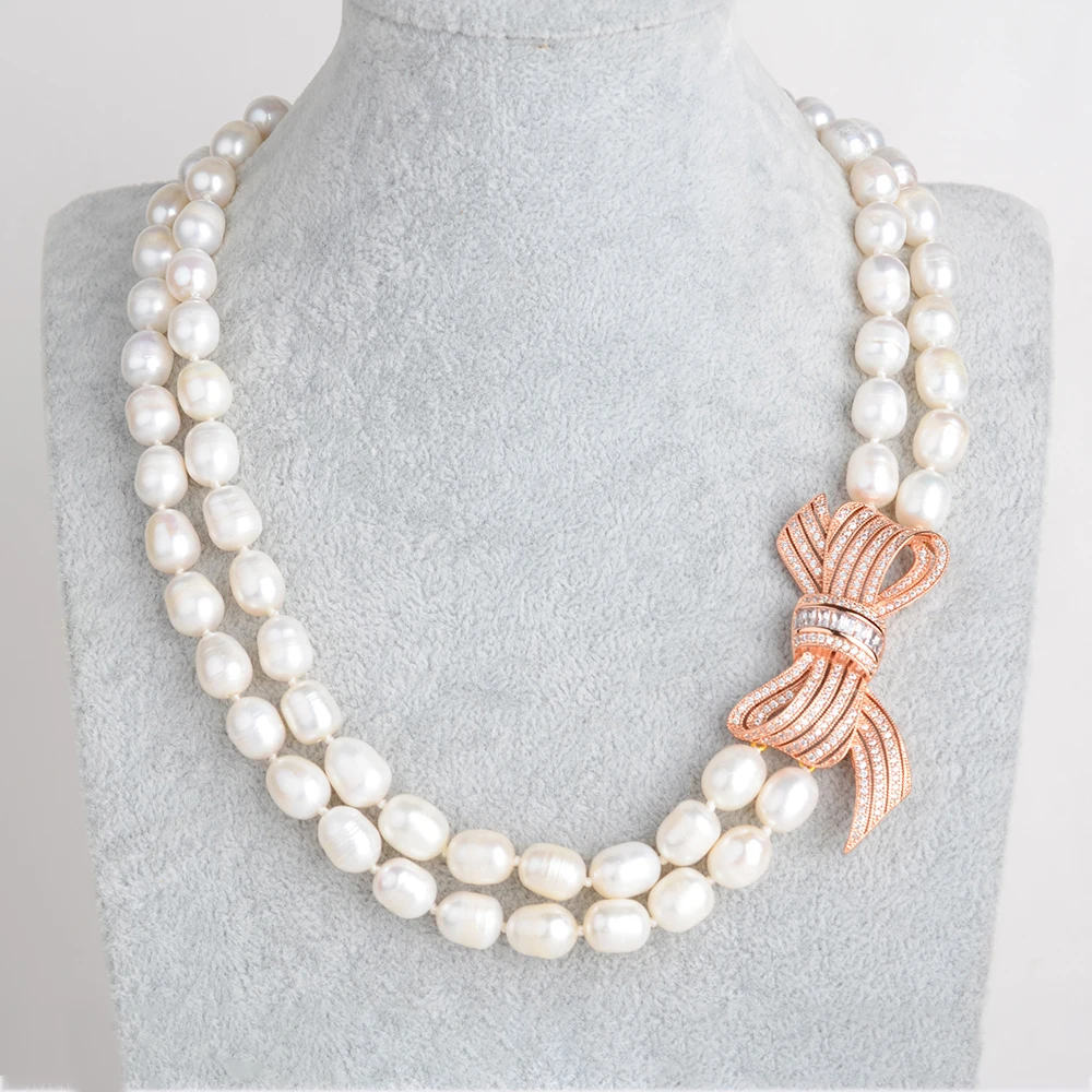 

2 Strands Natural White Rice Pearl CZ Necklace