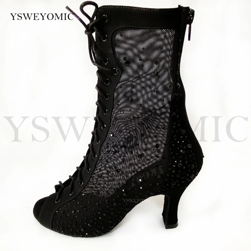 

2021 Women Rhinestone Black Mesh Latin Dance Boots Soft Thicker Insole High Quality Training Dance Party Latin Salsa Dance Shoes