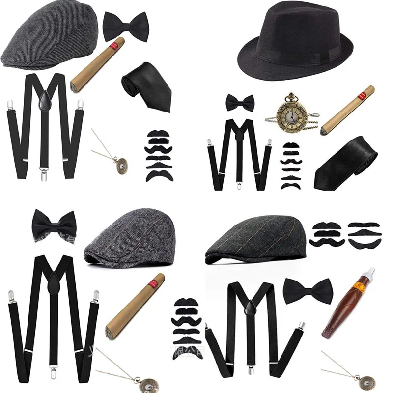 1920s Halloween 20s Cosplay Gangster Set Männer Party Requisiten Baskenmützen Zigarre Hosenträger Taschenuhr Gatsby Kostüm Zubehör Set