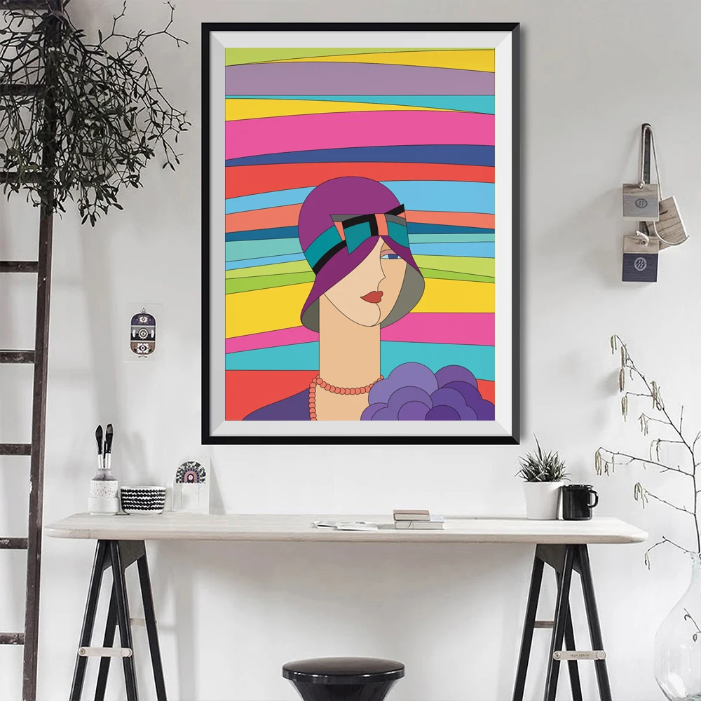 Art Deco Poster, Colourful Canvas Painting, Hat Woman Wall Picture, Pink, Purple, Red，Modern Minimalis Home Decoration