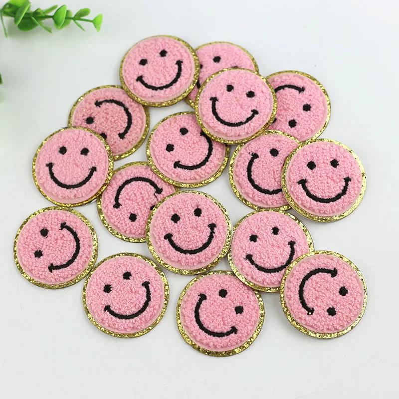 3 Colorful glitter gold rim Chenille Iron on Patches Embroider patch Towel Smile sticker for DIY school bag Applique Round Badge