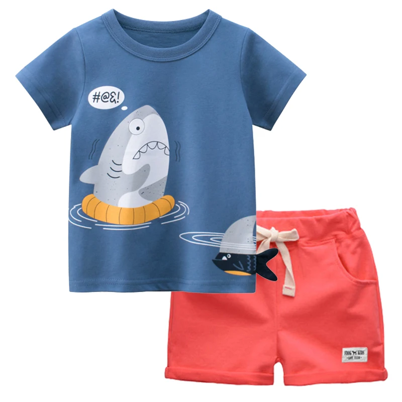 BINIDUCKLING Toddler Boys Summer Clothes Set Cute Shark Printed Cotton Short Sleeve Top Shorts Kids Boy Fashion Outfits Size 6 7