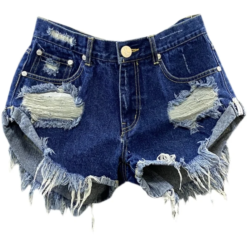 

Ripped denim shorts women summer 2022 new personality low waist style ripped fringe edge A-line shorts