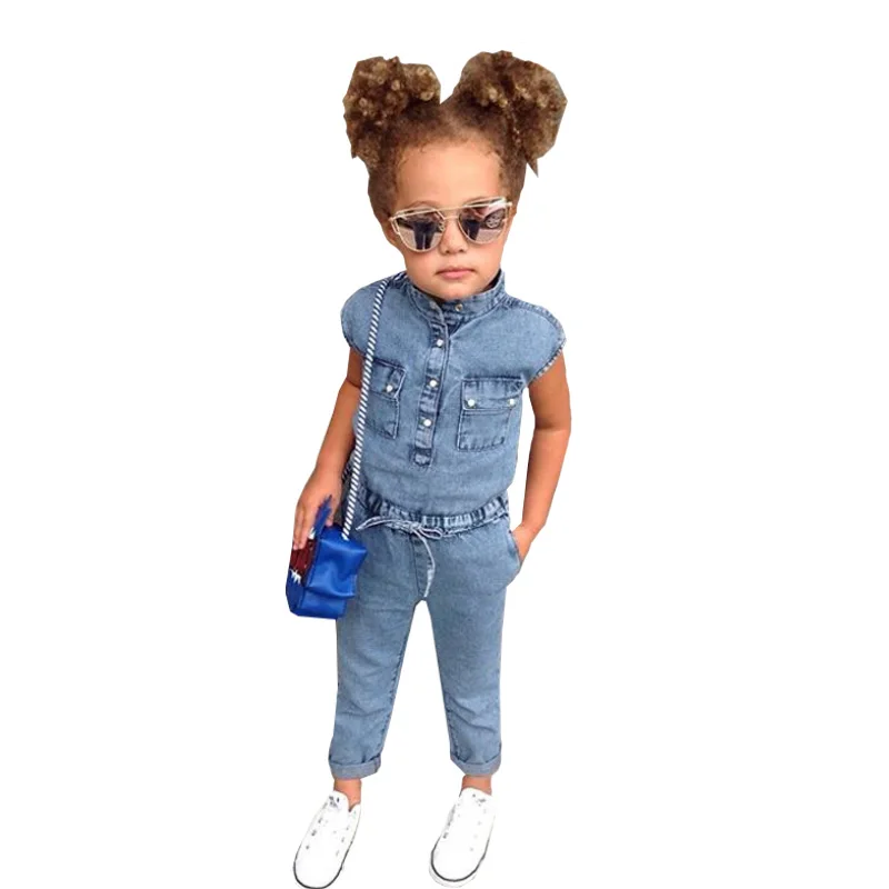 2-8year old girl clothes summer sleeveless jumpsuit fashion solid color wash water high quality denim sports children\'s clothing