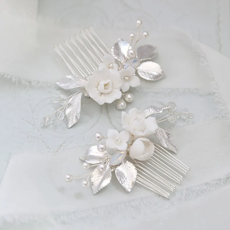 

White Ceramic Flower Small Combs Bridal Hair Pins Silver Color Leaf Wedding Headpiece Handmade Pearls Women Hair Jewelry