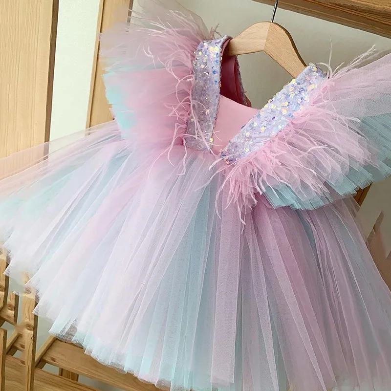 Rainbow Sequin feather Luxurious Baby Girl cake Dress Birthday Party Wedding Girl Princess Tuxedo Evening Dresses  Kid Clothes