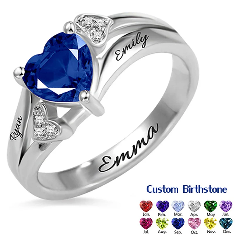 

Custom Birthstone Heart Ring Jewelry S925 Silver Engraved Number Word Name Rings For Women Mother Daugther Grandma Gift