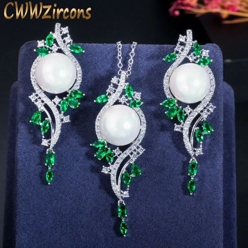 CWWZircons Elegant Design Green Cubic Zirconia Crystal Long Pearl Drop Earring Necklace Vintage Jewelry Set for Women T379