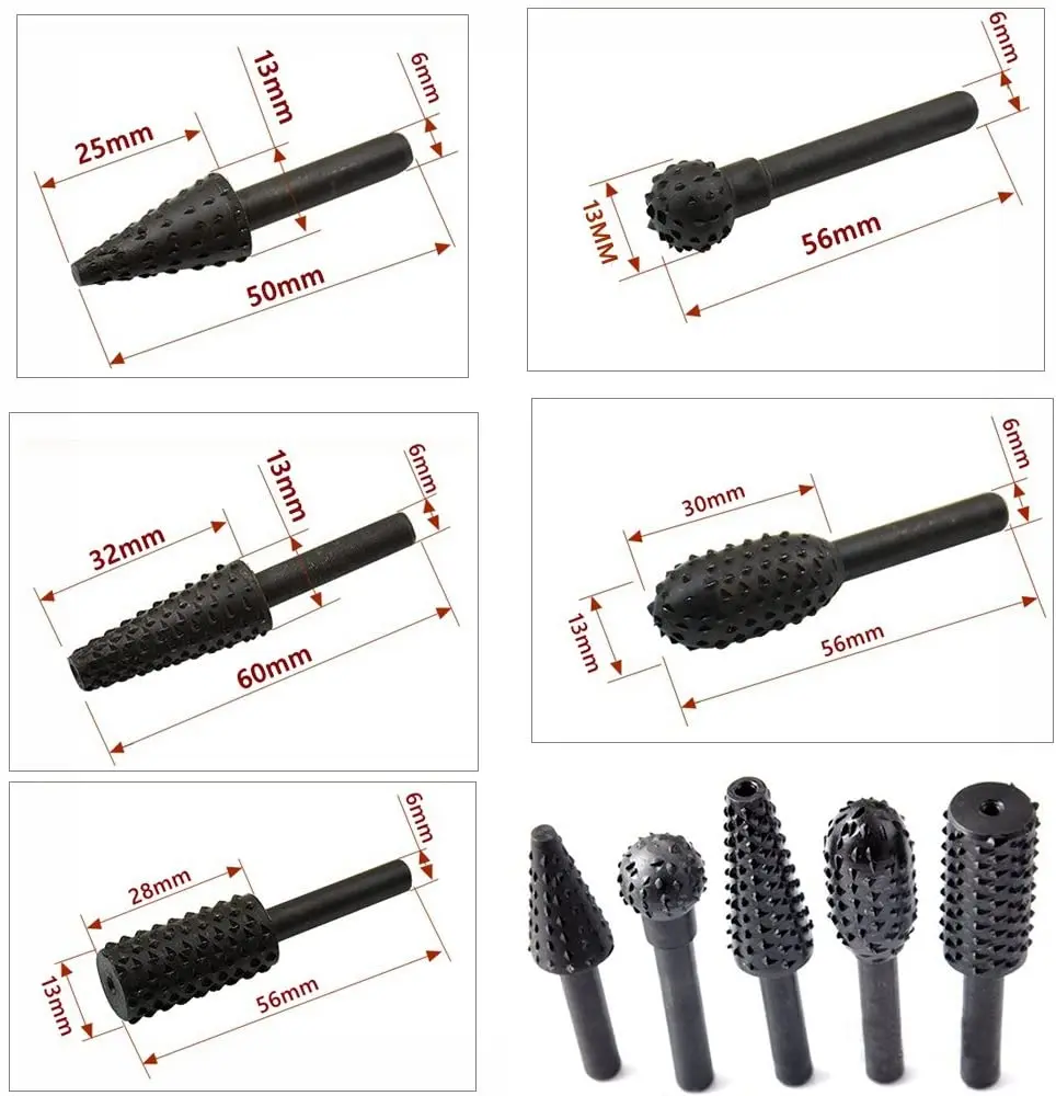 5PCS Drill Bit Set 1/4\'\' 6mm Shank Rotary Cutting Tools For Grinding Woodworking Knife Wood Carving Tool Burr Set