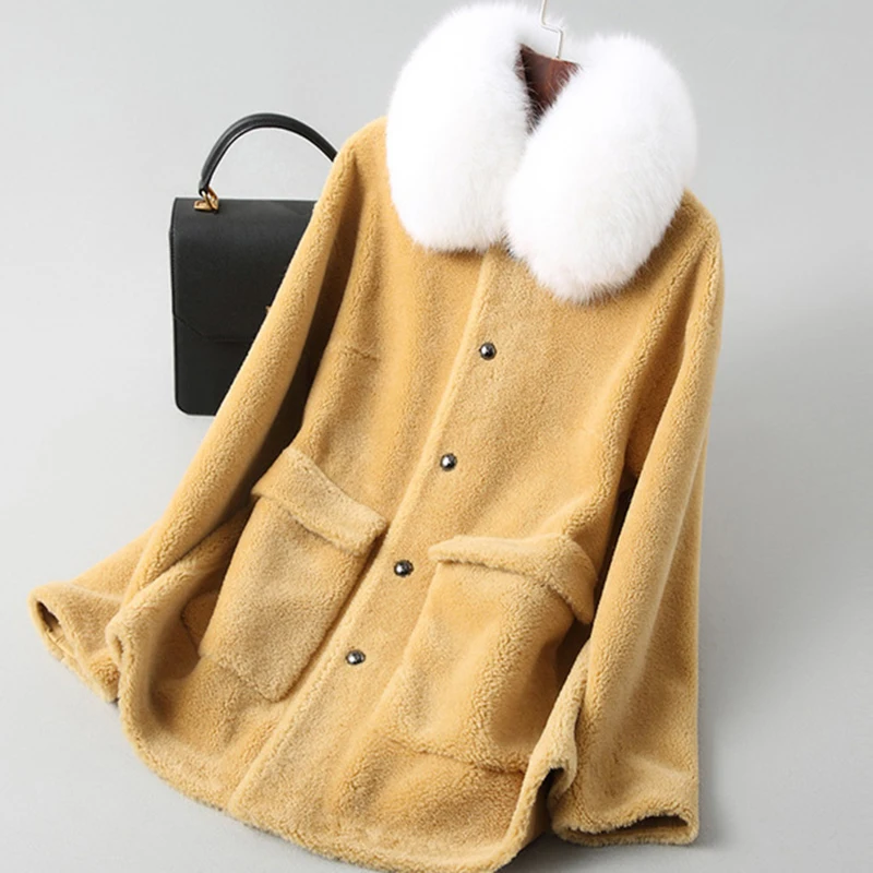 

Fad Autumn Winter Natural Sheep Shearing Fur Coat Elegant Short Warm Overcoat with Real Fox Fur Collar Winter Jacket Women A040