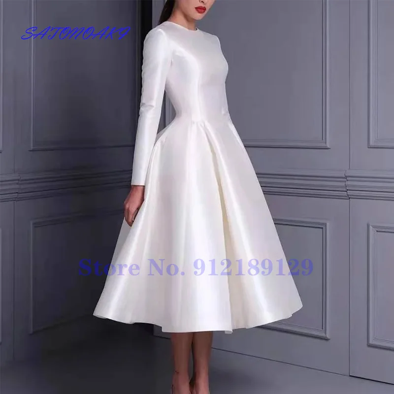 Vestidos De Novia 2024 Short White Satin Wedding Dresses Tea Length O-Neck A-Line Zipper Back Bridal Gowns Robe Mariée France