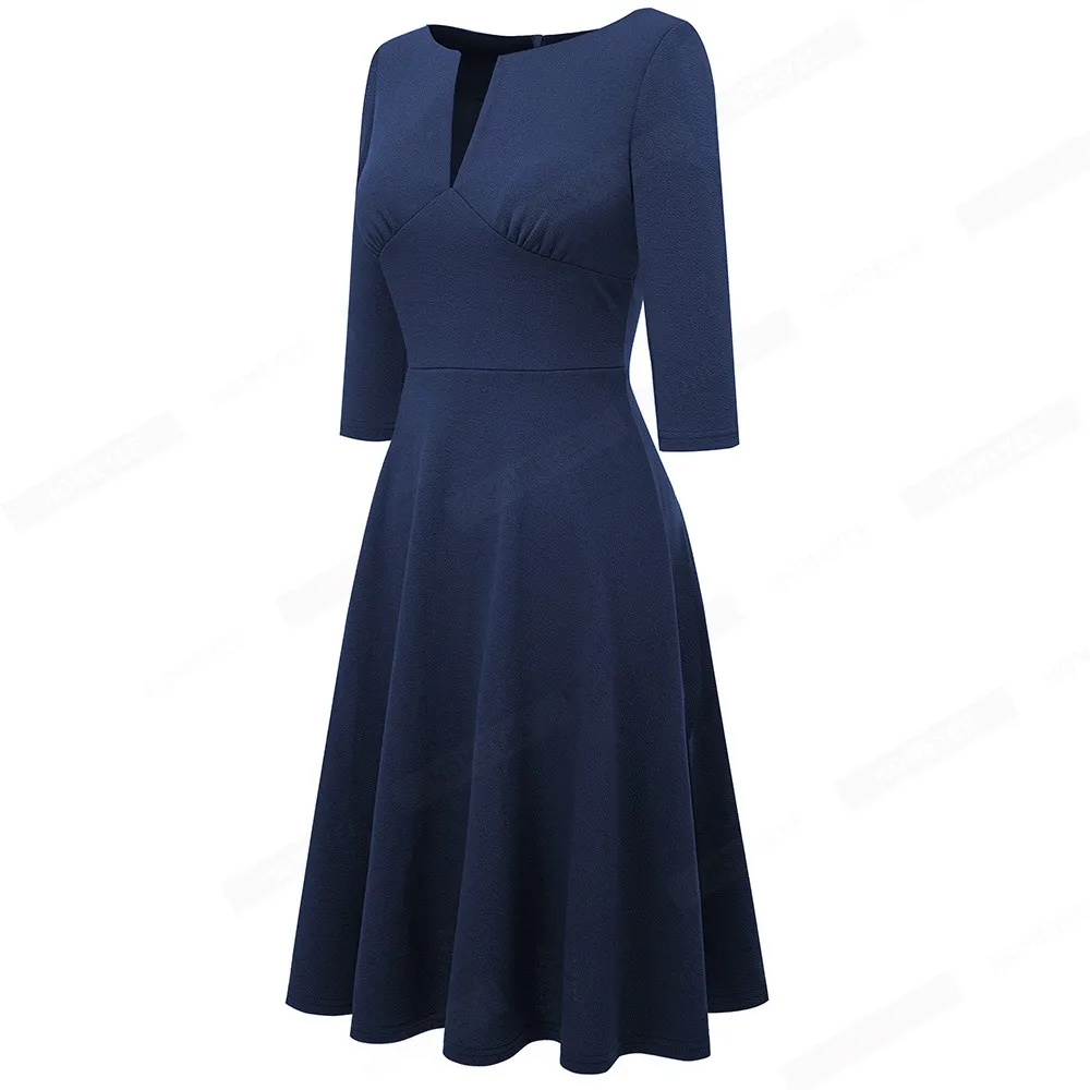 Frauen Beiläufige Reine Farbe Cut Out 3/4 Hülse Fit und Flare Schaukel A-Line Kleid EA289