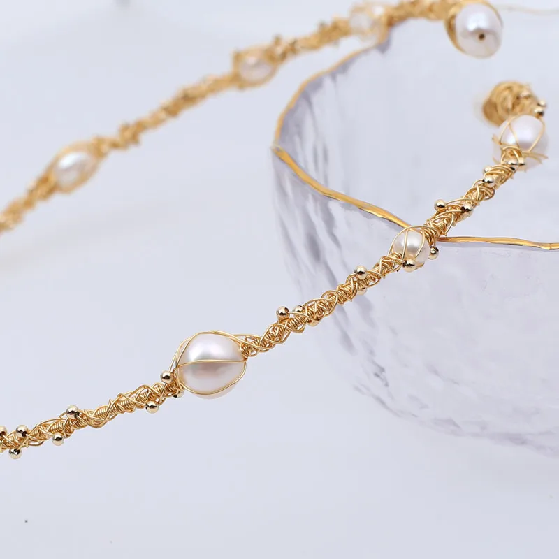 

Free shipping 2021 Natural freshwater baroque pearl jewelry choker handmade twist shiny gold women necklace hot selling wedding