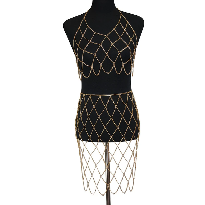 Mode Strand Sexy 2-teiliges Set Frauen Neckholder Crop Top Festival Kleidung Kette Minirock Quaste rückenfrei Vintage Urlaub Outfit – Detail 2