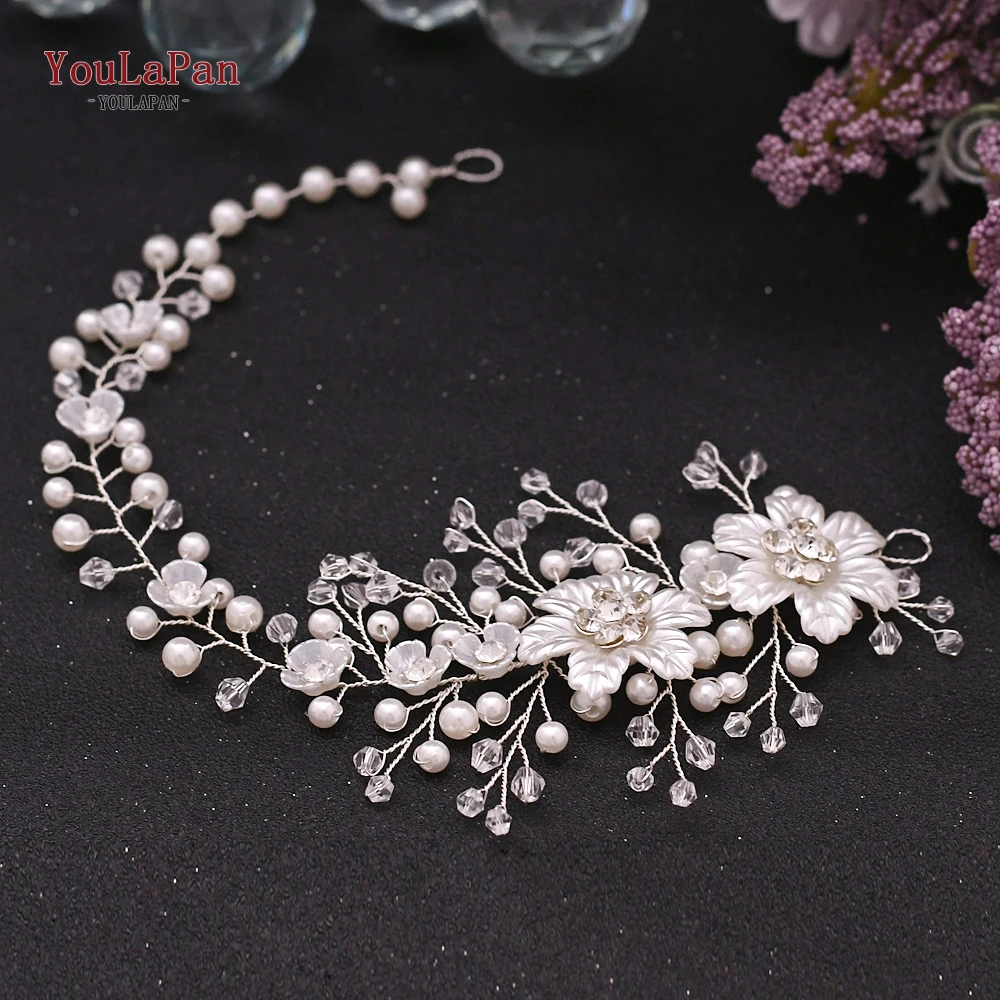 TOPQUEEN HP295 Pearl Bridal Hair Accessories Silver Diamond Headpiece Resin Flower Bride Headband Bridal Hair Jewelry