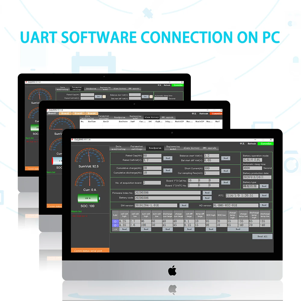 Smart BMS Li-ion 7S 30A 40A 50A 60A 80A 100A 120A 150A 200A 250A 24V Bluetooth APP Uart Cable For Lithium Battery