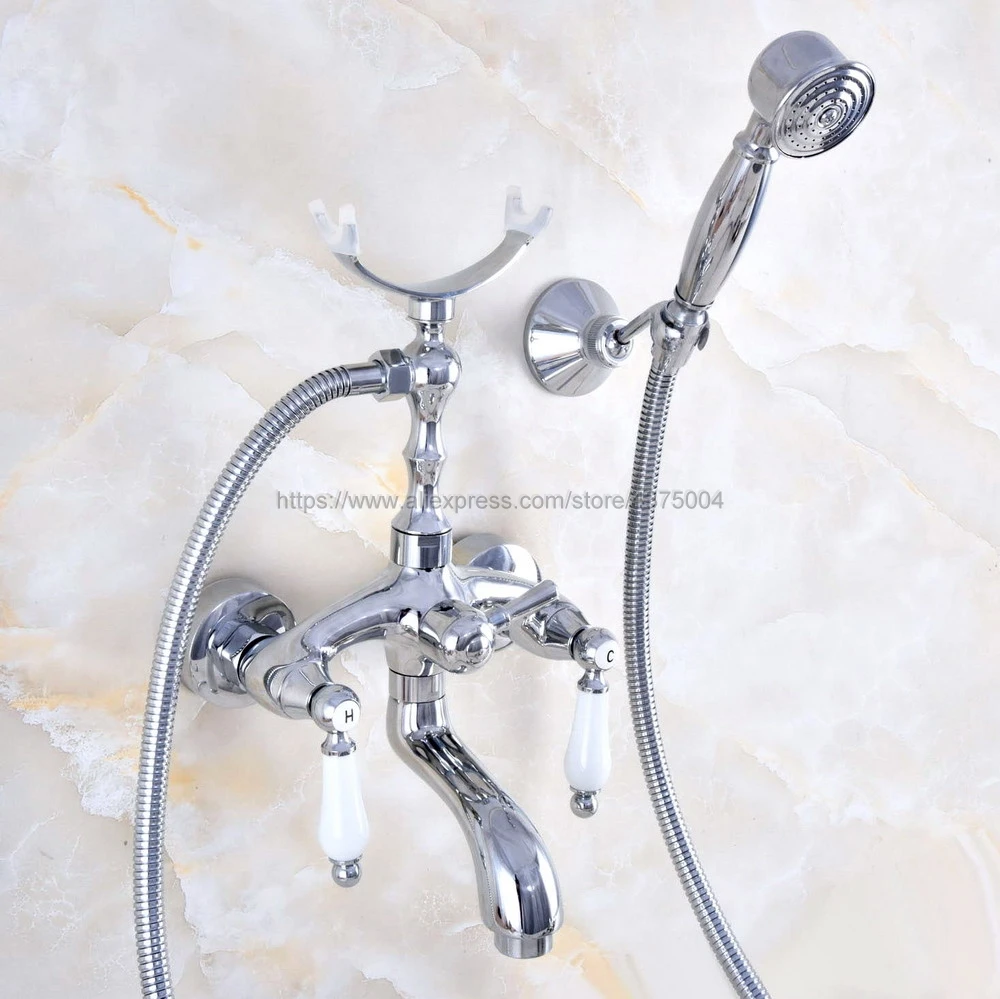 Polished Chrome Wall Mounted Bathroom Clawfoot Bathtub Faucet & Hand Shower Basin Sink Mixer Tap & Hand Shower Nna745